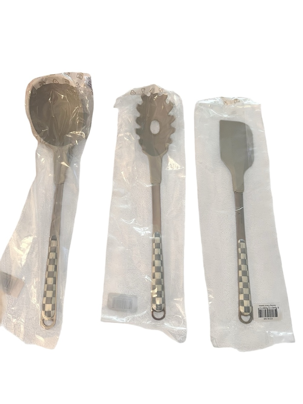 Mackenzie-Childs NWT gorgeous Sterling Check® Pasta Spoon, Ladle and Spatula set